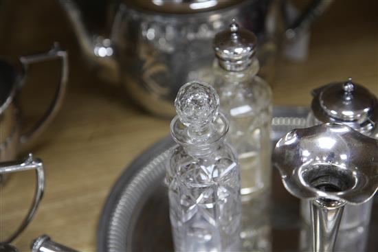 A silver sugar coaster, a specimen vase, a tortoiseshell tray and a quantity of silver plated items